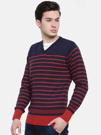 T-Base Men Blue & Maroon Striped Sweater