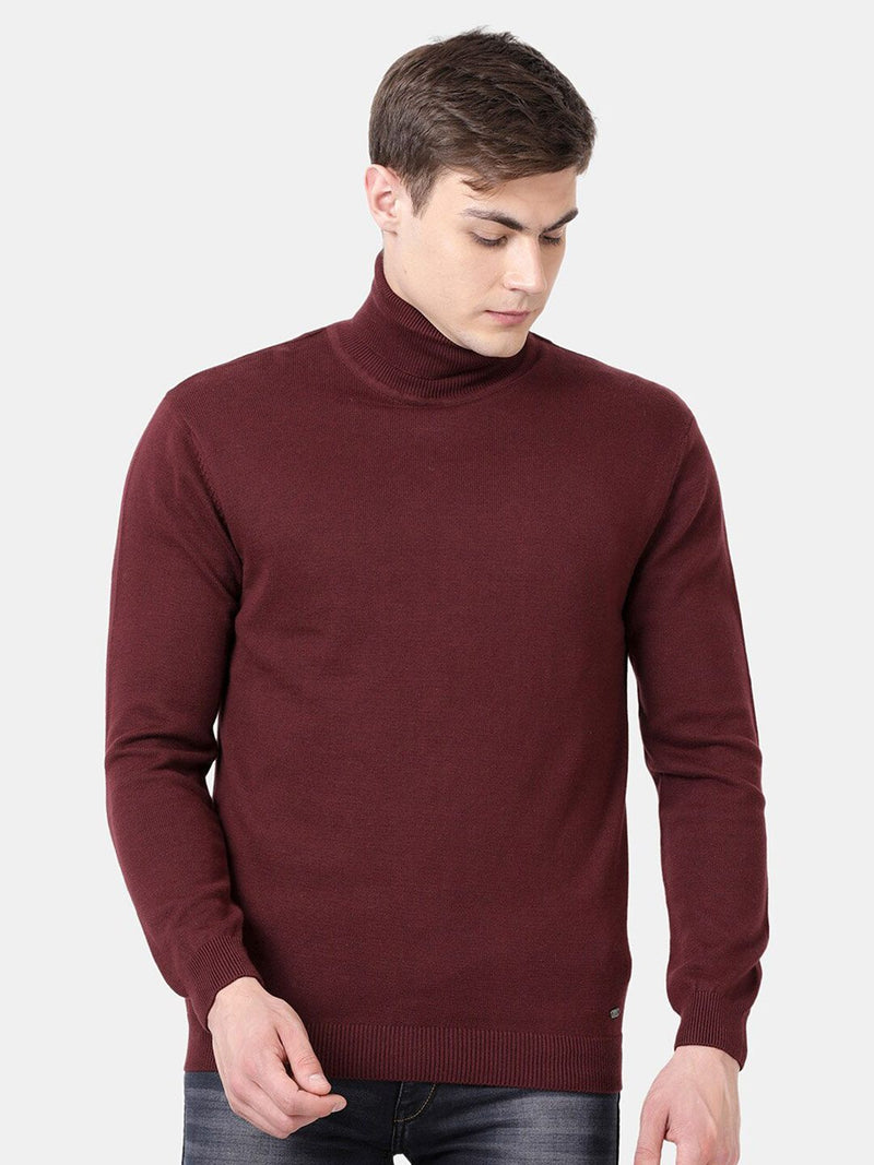 T-Base Men Maroon Turtle Neck Cotton Pullover