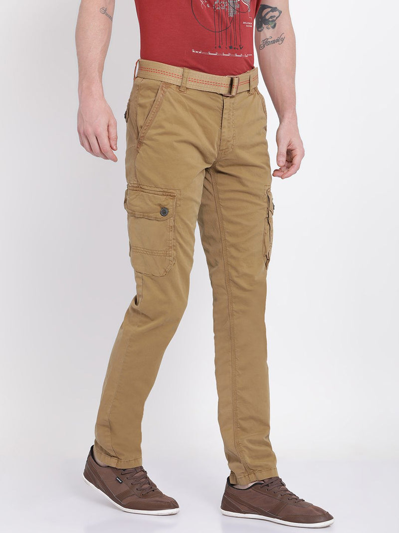 T-Base Men Khaki Brown Tapered Fit Solid Cargos