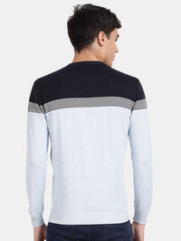 Crew Neck Full Sleeve Aqua Melange Color Blocked Pullover