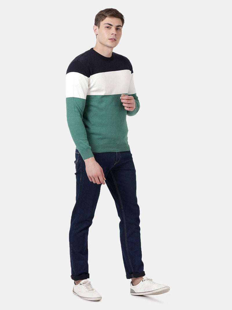 T-Base Men Green & Black Colourblocked Striped Pullover