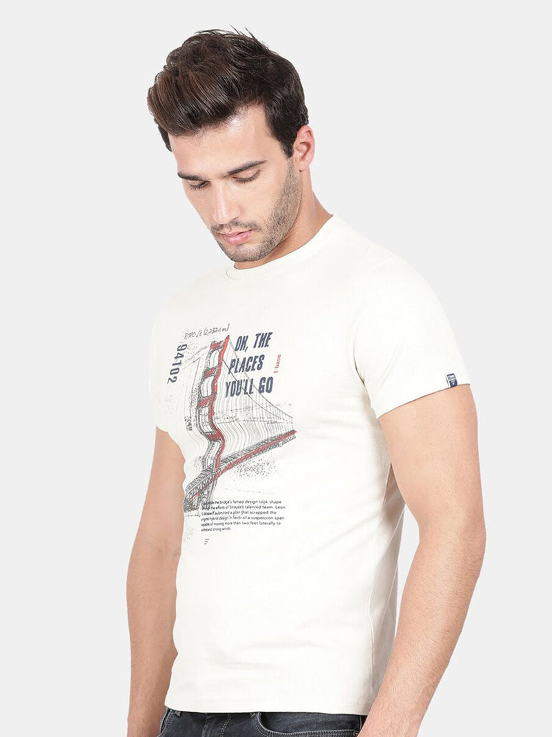 T-Base Men Beige Printed Applique T-Shirt