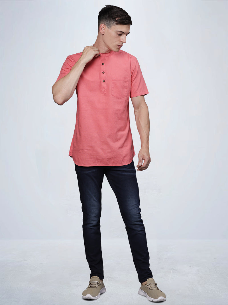 Half Sleeve Coral Cotton Kurta Linen Shirt