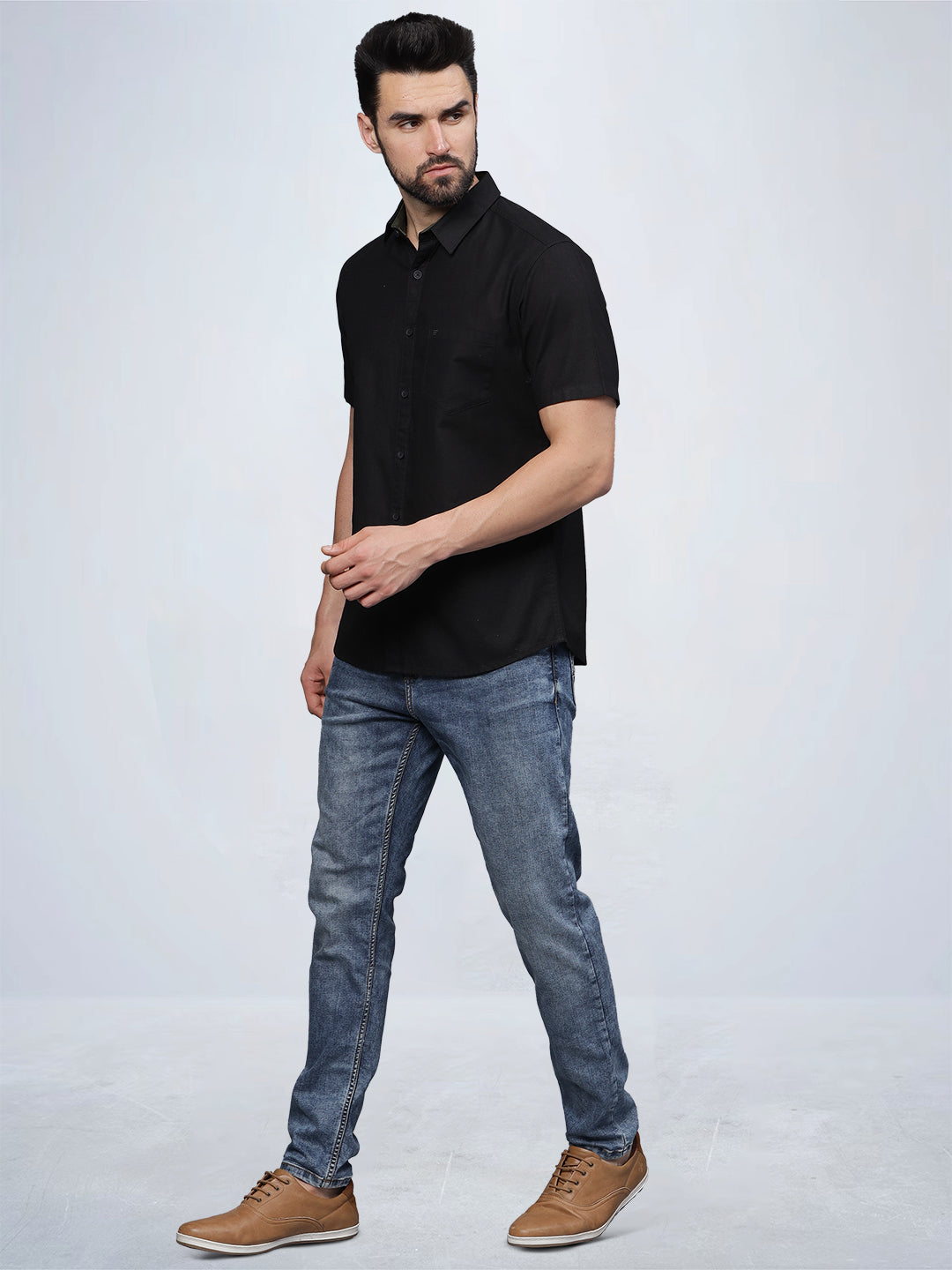 Half Sleeve Black Cotton Linen Shirt