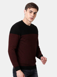 T-Base Men Black & Red Striper Cotton Crewneck Sweater