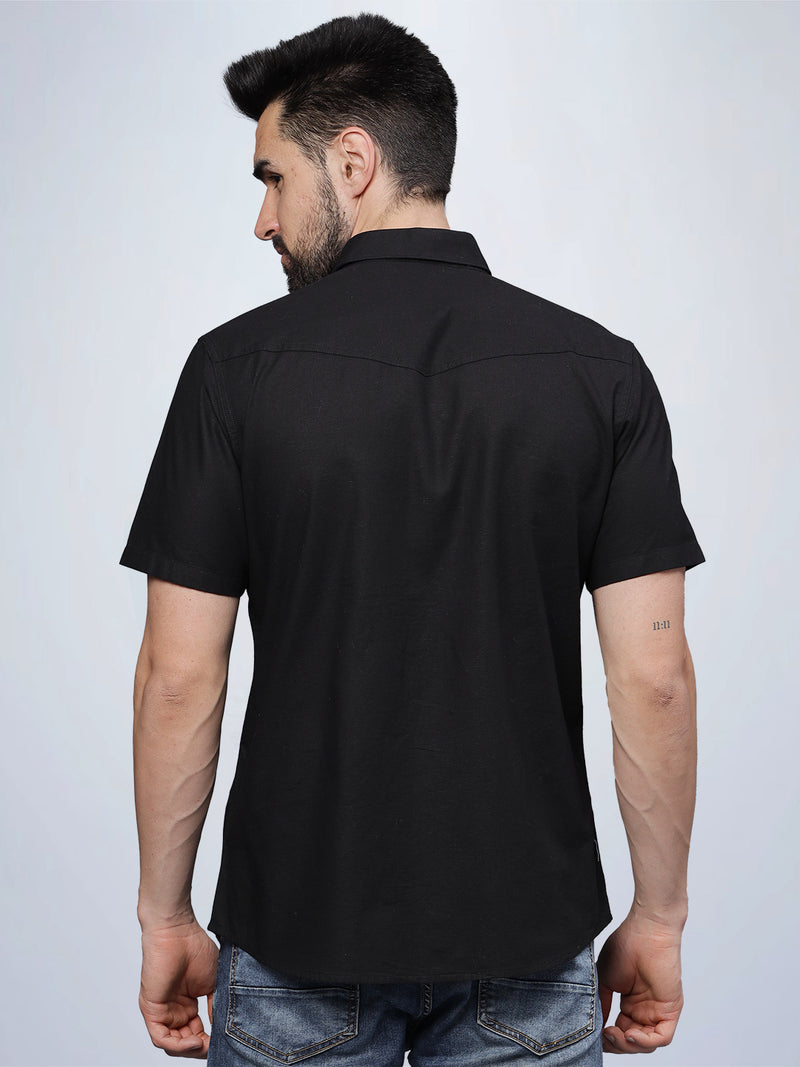 Half Sleeve Black Cotton Linen Shirt