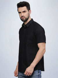 Half Sleeve Black Cotton Linen Shirt