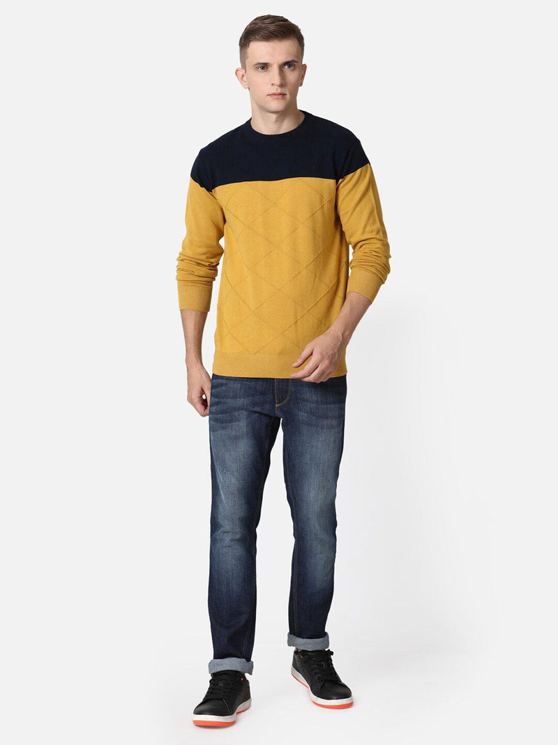 T-Base Men Mustard & Black Colourblocked Cotton Pullover