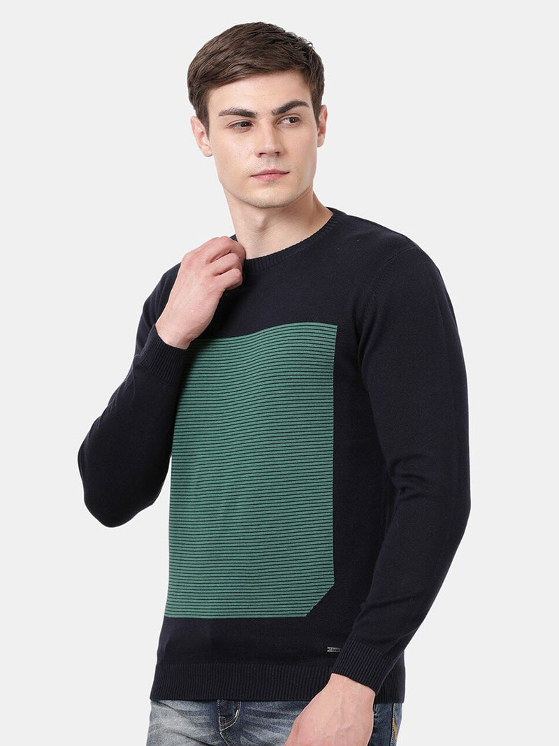 T-Base Men Navy Blue & Green Striped Pullover