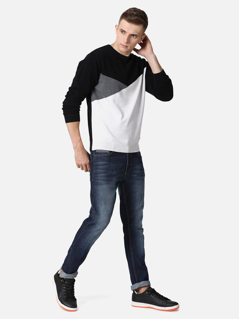 T-Base Men Black & White Colourblocked Cotton Pullover