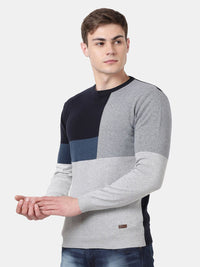 T-Base Men Grey & Black Colourblocked Round Neck Pullover Sweater