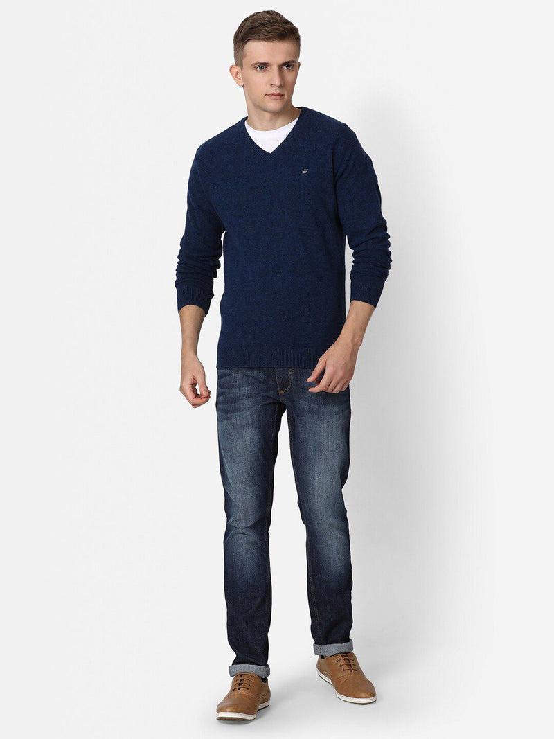 T-Base Men's Bright Denim Solid Lambswool V-Neck Sweater