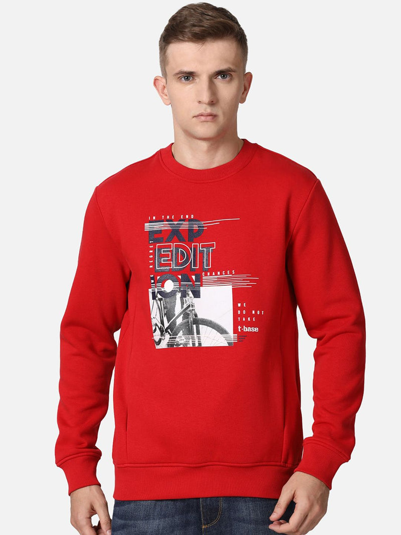 T-Base Men Red Graphic Printed Cotton Pullover Sweatshirt