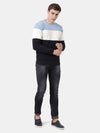 T-Base Men Navy Blue & White Colourblocked Striped Pullover