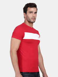 T-Base Men Red Colourblocked Slim Fit Cotton T-Shirt