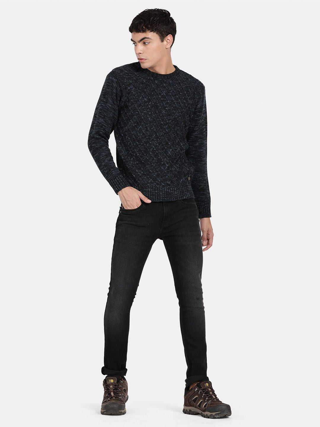 T-Base Geometric Self Design Ribbed Woollen Pullover Sweater