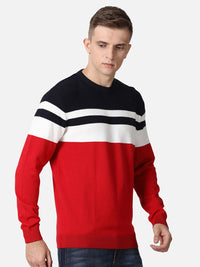 T-Base Men Red & White Colourblocked Cotton Pullover