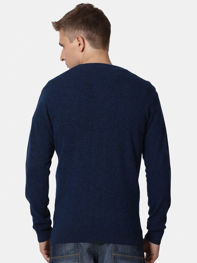 T-Base Men's Bright Denim Solid Lambswool V-Neck Sweater