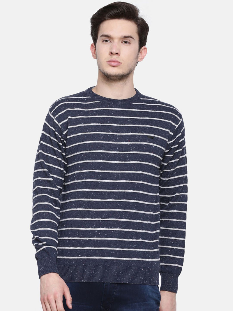 T-Base Men Navy Blue & White Striped Sweater