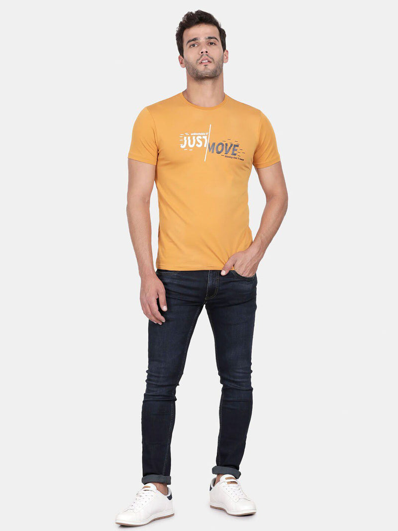 T-Base Men Yellow & Mellow Apricot Typography Printed Raw Edge T-Shirt