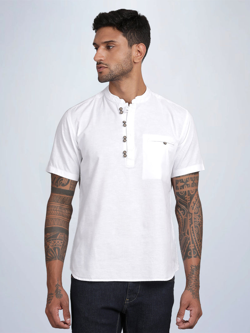 Half Sleeve White Cotton Kurta Linen Shirt