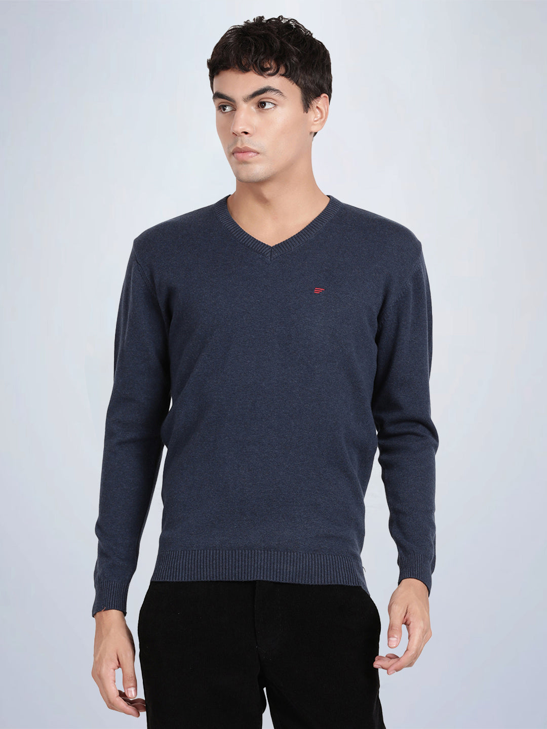 V Neck Mood Indigo Melange Full Sleeve Pullover