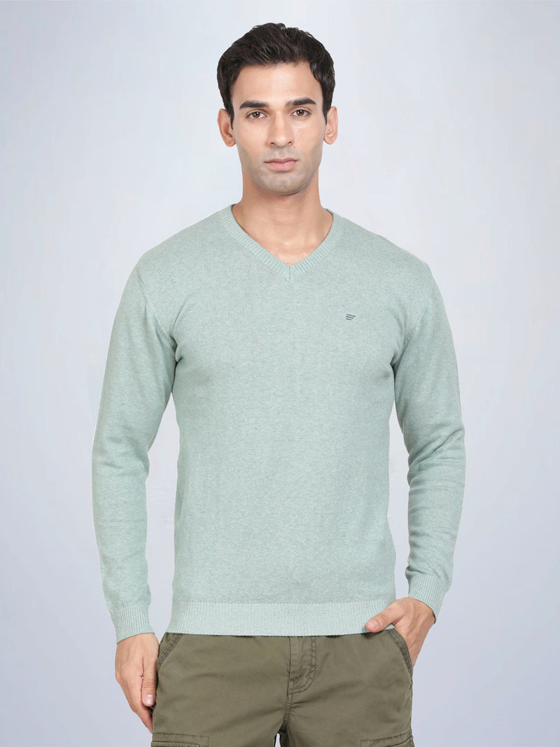 V Neck Pista Melange  Full Sleeve Pullover