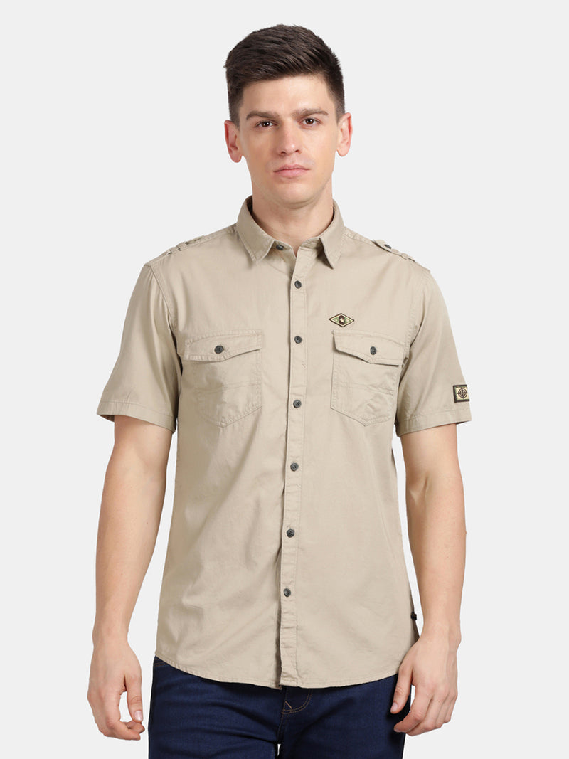 Half Sleeve Beige Military Shirt