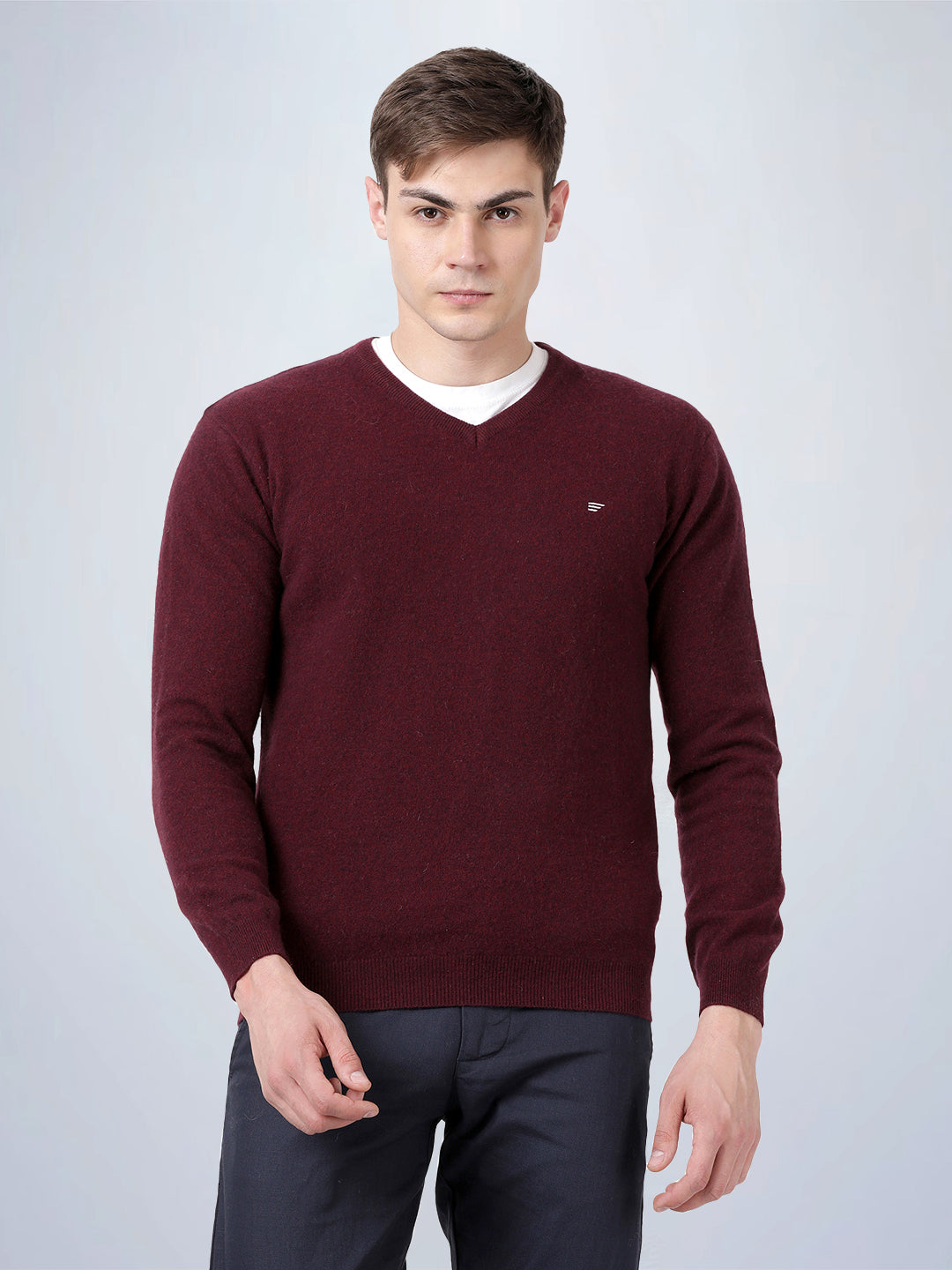 V Neck Lambswool Wine Full Sleeve Pullover