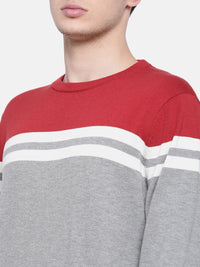 T-Base Men Grey & Red Striped Sweater