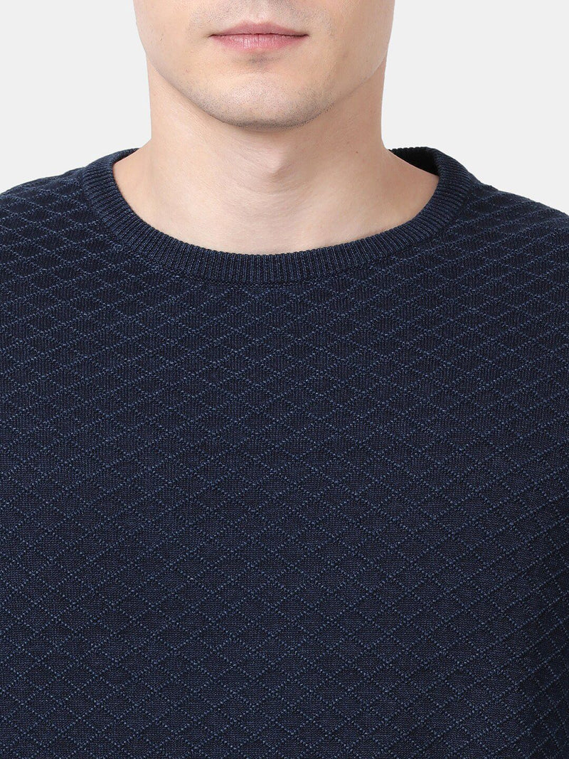 T-Base Men Blue Checked Round Neck Pullover Sweater