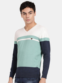 V Neck Full Sleeve Ocean Wave Color Blocked Pullover