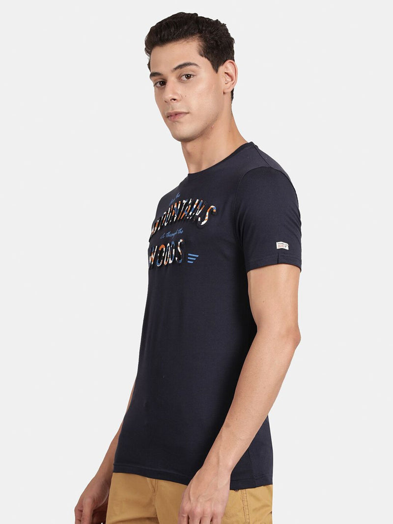 T-Base Men Navy Blue Typography Printed T-Shirt