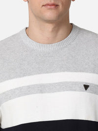 T-Base Men Navy Blue & Grey Striped Cotton Pullover