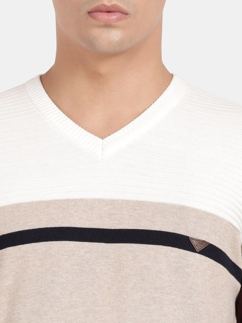 T-Base Colourblocked V-Neck Ribbed Cotton Pullover