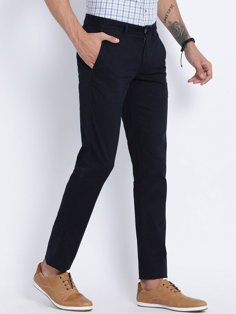 T-Base Men Navy Blue Easy Wash Chinos Trousers