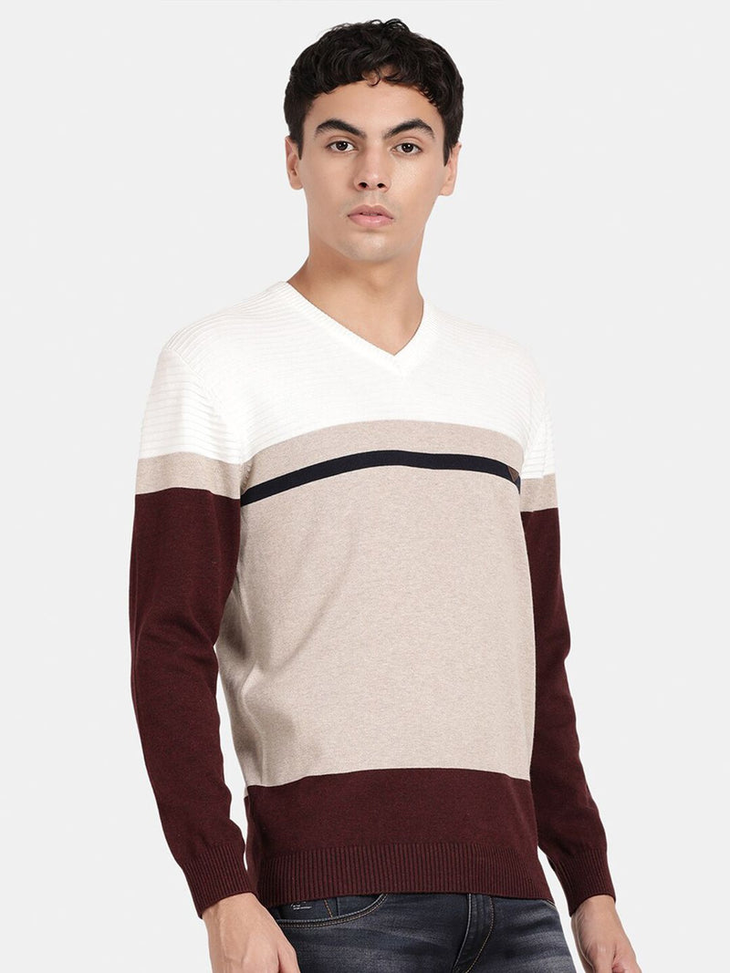 T-Base Colourblocked V-Neck Ribbed Cotton Pullover