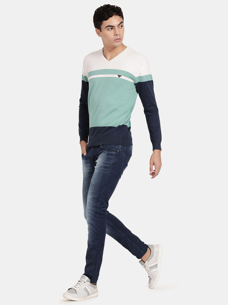 V Neck Full Sleeve Ocean Wave Color Blocked Pullover