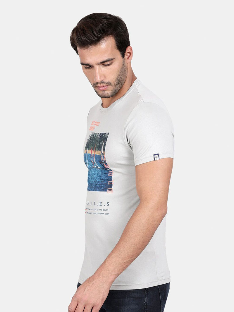 T-Base Men Grey Printed Applique T-Shirt