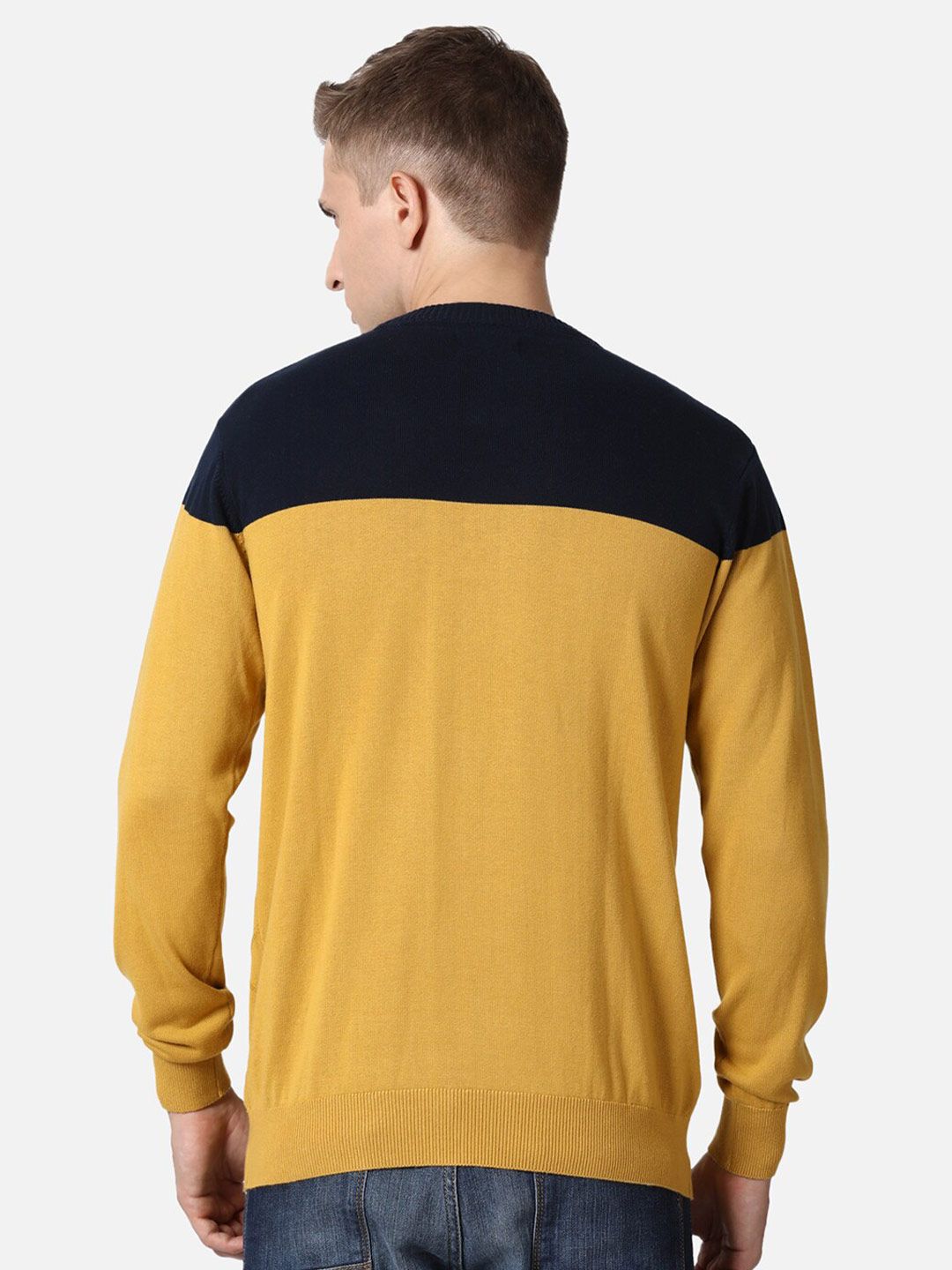 T-Base Men Mustard & Black Colourblocked Cotton Pullover