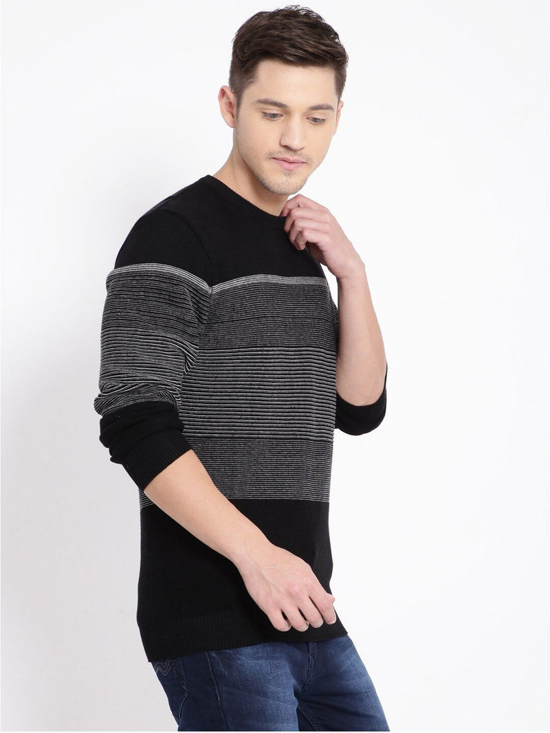 T-Base Men Black & Grey Striped Pullover Sweater