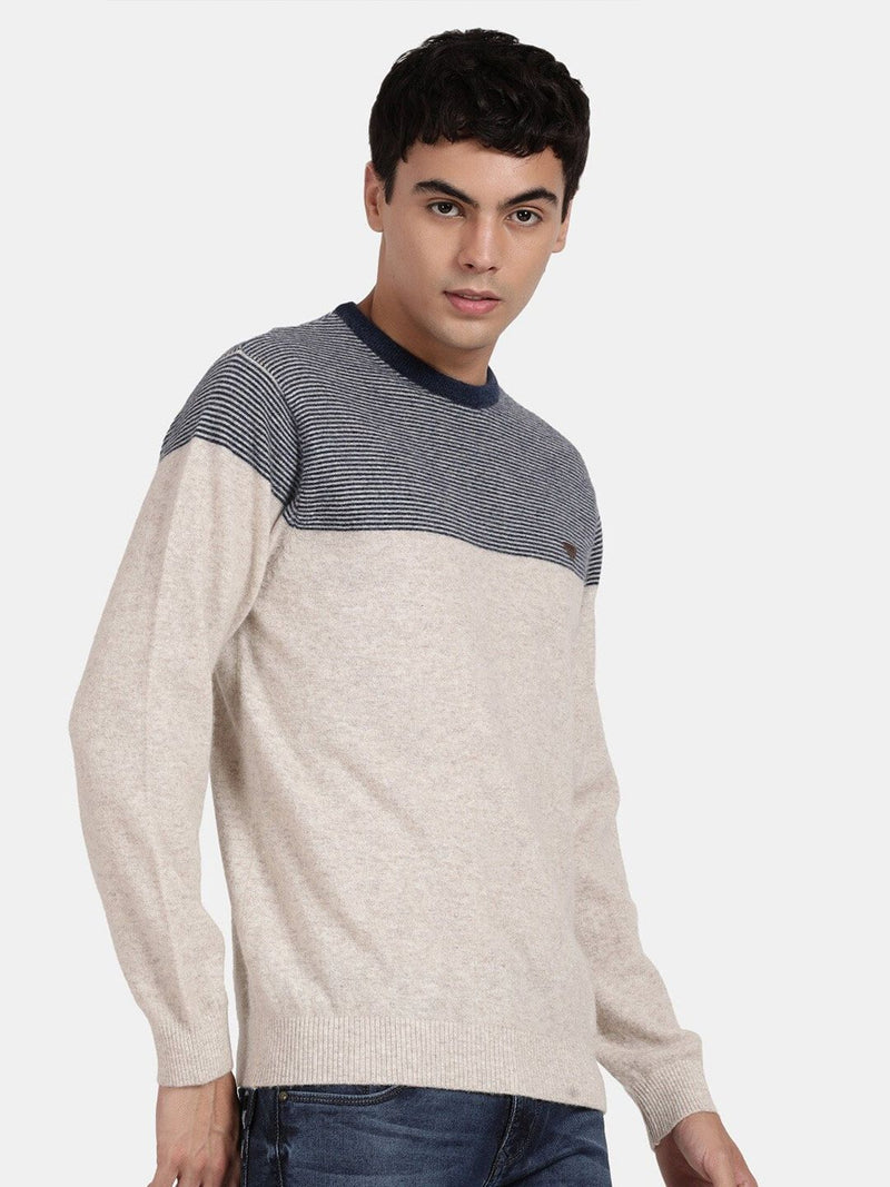 T-Base Colourblocked Round Neck Long Sleeves Woolen Pullover Sweater