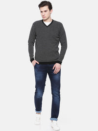 T-Base Men Grey & Black Striped Sweater