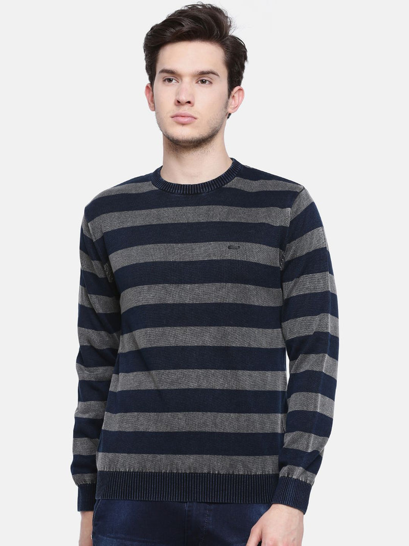 T-Base Men Navy Blue & Grey Striped Sweater