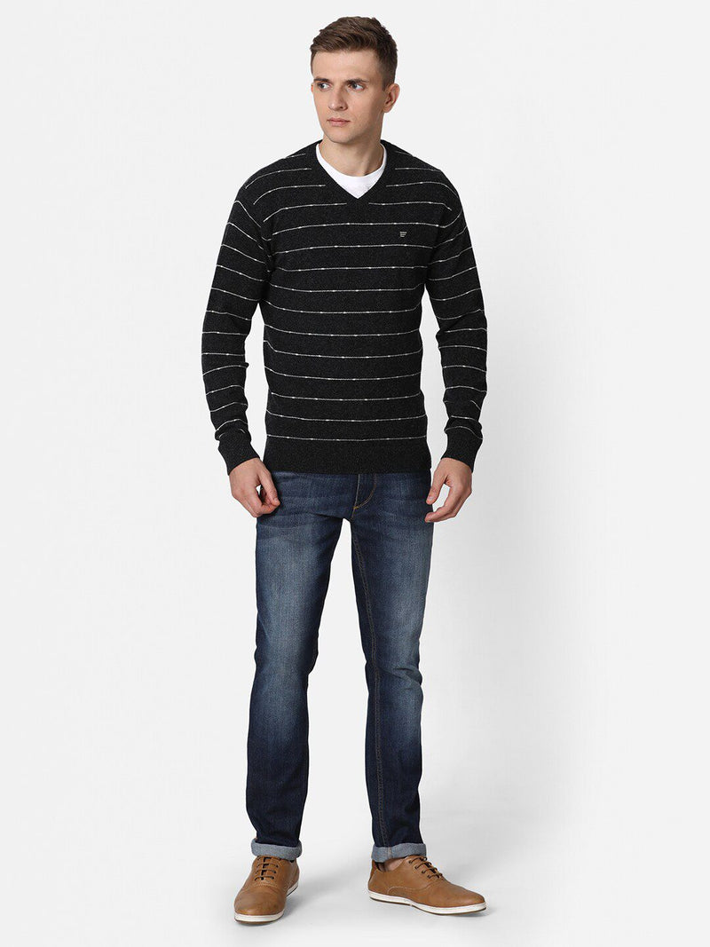 T-Base Men Black & White Striped Woolen Pullover