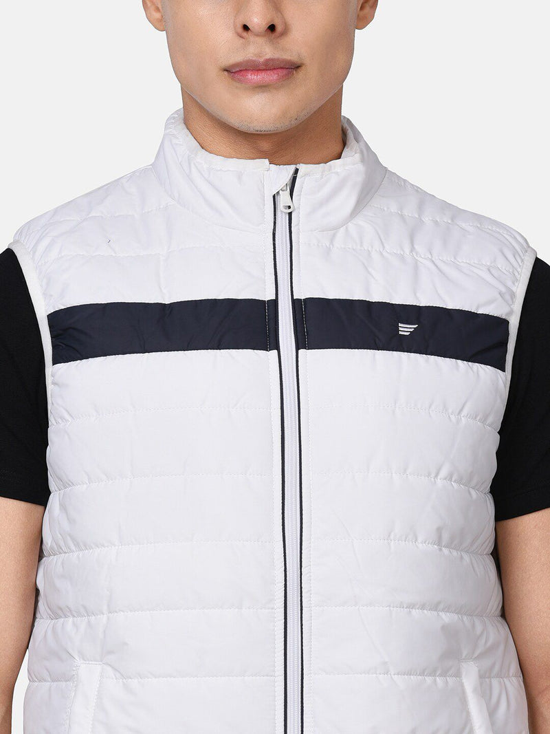 t-base Men White Black Colourblocked Lightweight Puffer Jacket