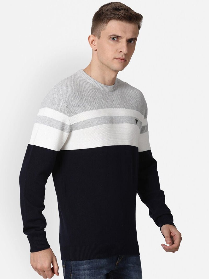 T-Base Men Navy Blue & Grey Striped Cotton Pullover