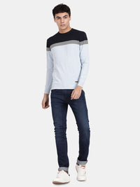 Crew Neck Full Sleeve Aqua Melange Color Blocked Pullover