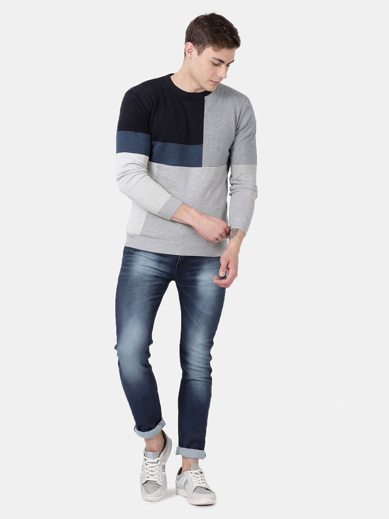 T-Base Men Grey & Black Colourblocked Round Neck Pullover Sweater