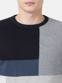 T-Base Men Grey & Black Colourblocked Round Neck Pullover Sweater